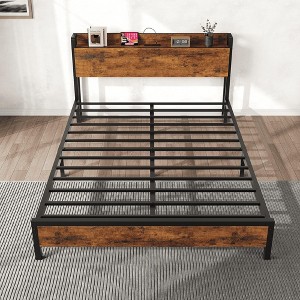 Full Size Bed Frame with Charging Station and USB Ports, Industrial Full Bed Platform with Headboard - 1 of 4