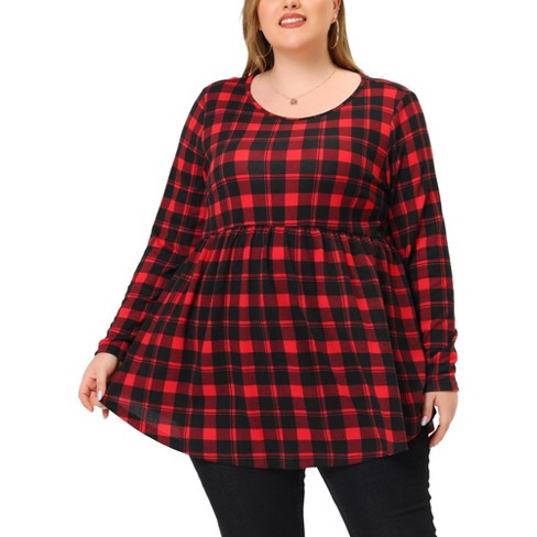 Agnes Orinda Women's Plus Size Casual Long Sleeve Plaid Babydoll Blouse Red  1X