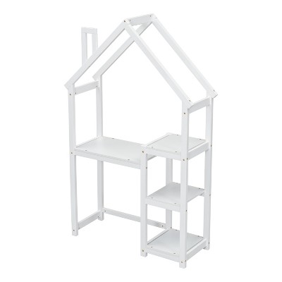 VYNXARIA White Wooden Writing Desk in the Shape of a House, Matching Bookshelf, Toy Storage Cabinet & Decorative Bookcase