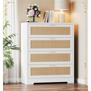 4 Drawer Dresser for Bedroom, Rattan Chest of Dressers, Modern Wood Tall Dresser with Power Outlets - 1 of 4