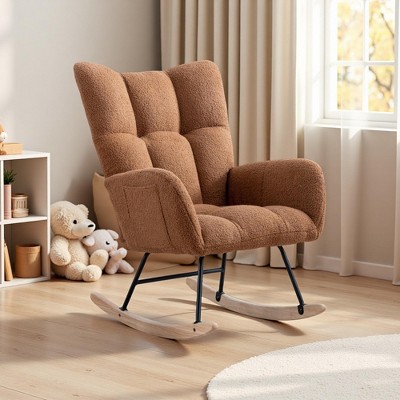 Brown Teddy Fabric Rocking Chair with Storage Pocket ¨C Comfy Wingback Nursery Glider with Solid Wood Base