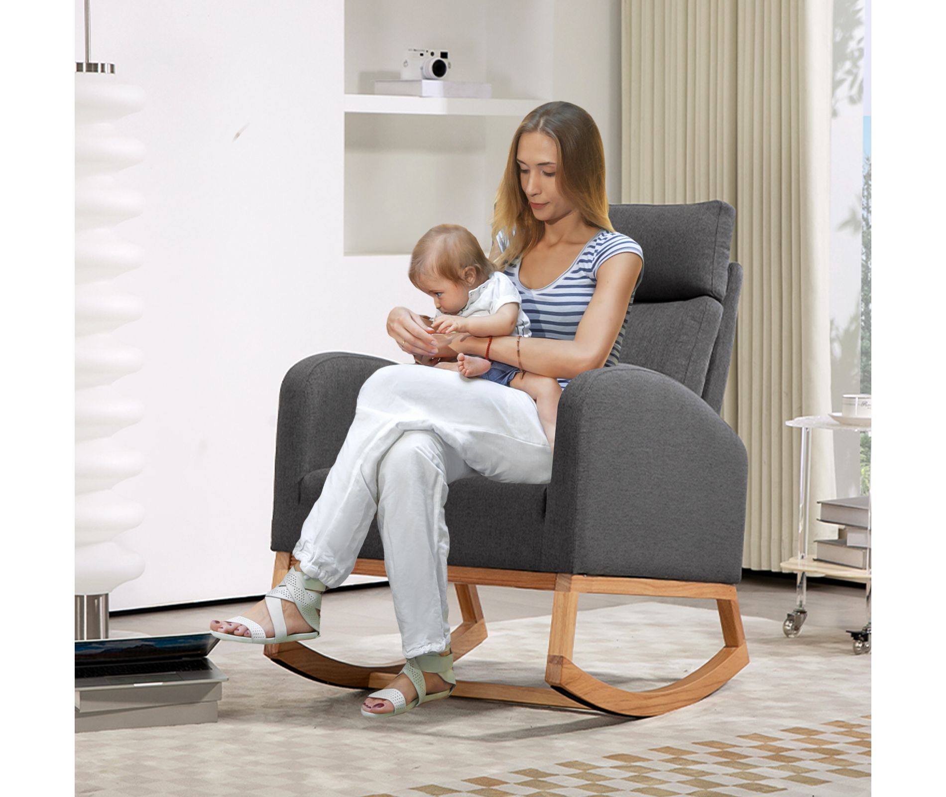 Rocking Chair Nursery, Upholstered Glider Chair With anti-slip strips, High Back Nursing Chair for Breastfeeding for Bedroom, Living Room