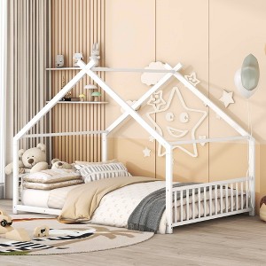 MAYEERTY Full Size Metal House Bed, Kids Bedroom, White - 1 of 4