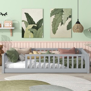 MAYEERTY Twin Floor Bed with Fence without Door, Rubber Wood Floor Guardrails Gray - 1 of 4