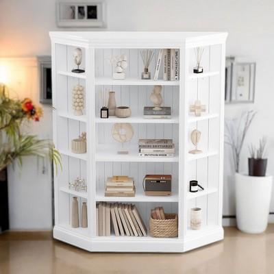 Alilang 66.53 Inch White Corner Display Cabinet with Adjustable Shelves and Beadboard Backing for Home Organization - White