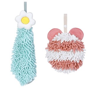 REGALWOVEN Soft Absorbent Cute Fuzzy Hanging Decorative Bathroom Chenille Hand Towel 6" x 15"/7" x 7" 2 Packs - 1 of 4