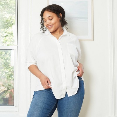 plus size white long sleeve button down shirt