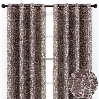 Brown Floral Jacquard Blackout Grommet Window Panels, 52x84 Inches