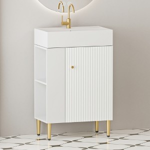 Whisen 21.6" Freestanding Bathroom Vanity with Ceramic Sink with Soft-Close Wave-Pattern Door and Open Left Side Storage - 1 of 4