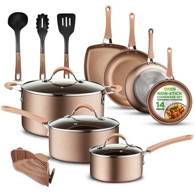 NutriChef 14pc Non-Stick Home Kitchen Cookware Set with Golden Coating - NCCW14S