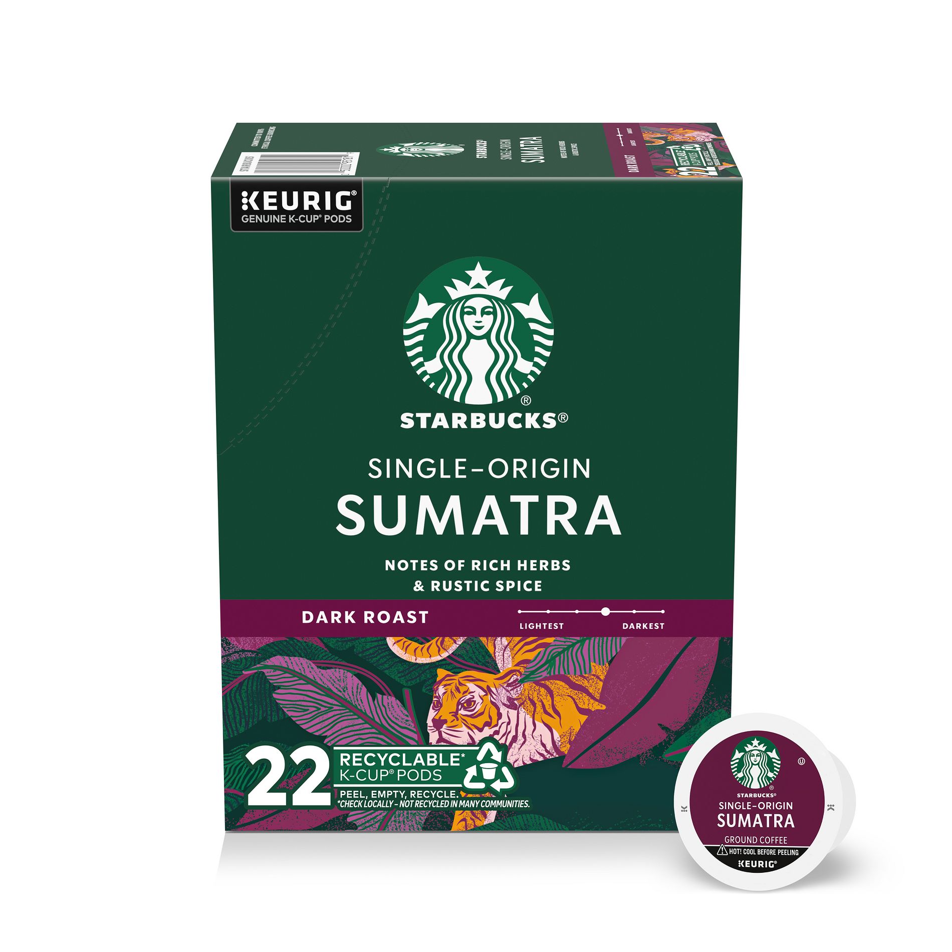Starbucks Sumatra Single Origin Dark Roast Keurig K-Cup Coffee Pods - 22ct: Limited Ingredients