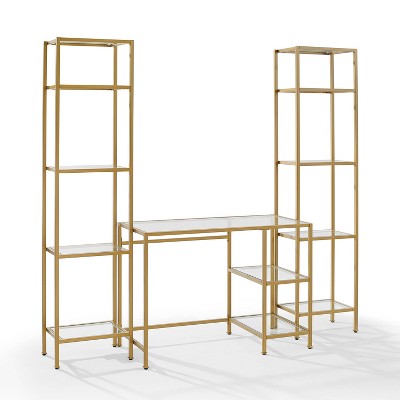 3pc Aimee Desk and Etagere Set Soft Gold - Crosley: Glass Surface, Steel Frame, Open Storage Shelf