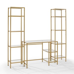 3pc Aimee Desk and Etagere Set Soft Gold - Crosley: Glass Surface, Steel Frame, Open Storage Shelf - 1 of 4