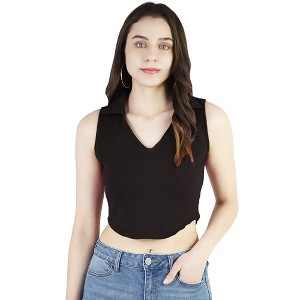 Artyska Women's Summer V-Neck Sleeveless Collared Ribbed Casual Crop Top - 1 of 4