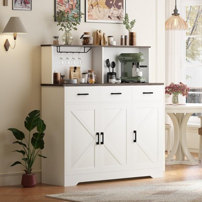 Farmhouse Sideboard Buffet Cabinet with Microwave Stand, Barn Doors Buffet Storage Cabinet with Drawers and Shelves, Wood Coffee Bar Cabinet