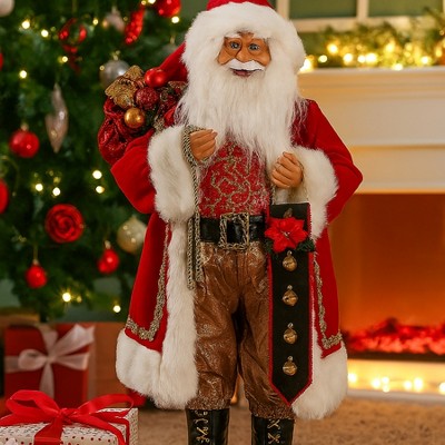 Season's Designs 24" Red and Gold Standing Santa with Bell Hanging Figurine Christmas Indoor Decor for Mantel and Tabletop Plastic