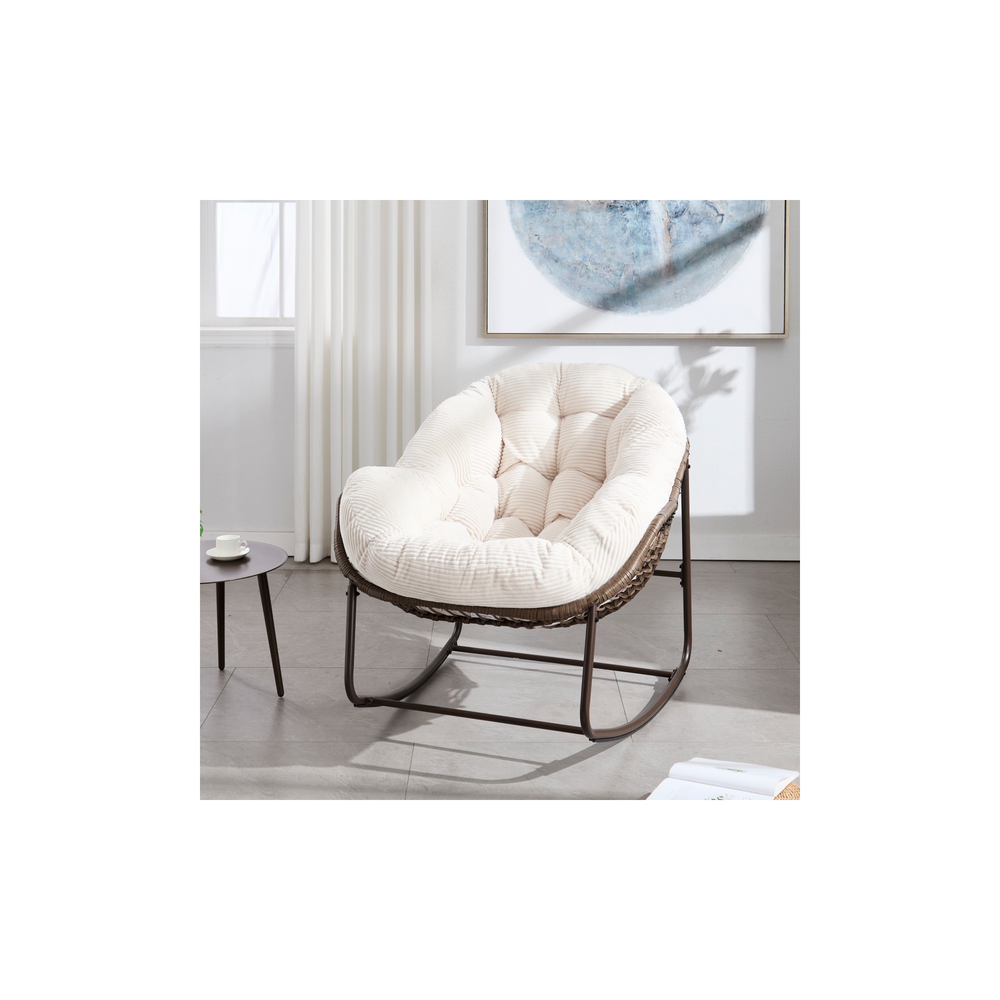 Modern Rattan Accent Rocking Chair with White Padded Cushion, Steel Frame Oversized Rocking Chair for Living Room, Bedroom, or Apartment-Panipeachy