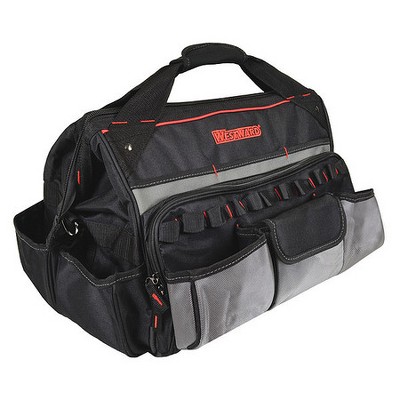 WESTWARD 32PJ38 Wide-Mouth Tool Bag, 600d Polyester, 22 Pockets, Black, 13-1/2"