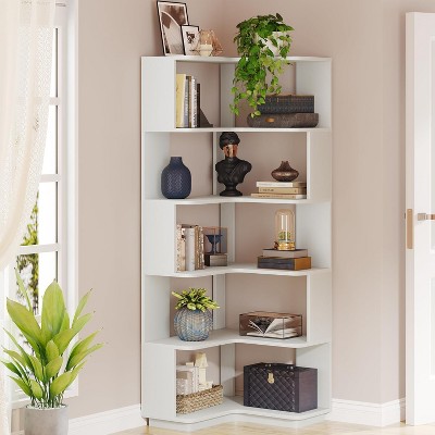 Silver Gray 65" Particle Board 6-Tier Corner Bookshelf with Anti-Drop Panel