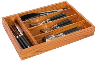 Home Basics Extra Deep 5 Divided Compartment Rustic Pine Wood Cutlery and  Flatware Drawer Storage Organizer Tray, Natural