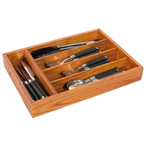 Home Basics Extra Deep 5 Divided Compartment Rustic Pine Wood Cutlery and  Flatware Drawer Storage Organizer Tray, Natural