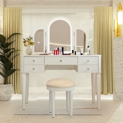 Okak Vanity Table with Drawers and Lights, Mirrored Vanities Desk with Drawers, Bedroom Makeup Vanity Table Set with Mirror and Stool