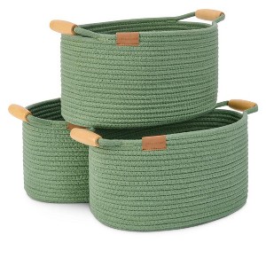 Aoibox Woven Cotton Rope Storage Basket with Wooden Handles Decorative Green Organizer 13 Inch 3 Pack - 1 of 4