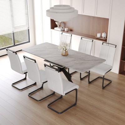 NicBex 62.4"-78.15" Dining Table Set for 6 Modern Extendable Dining Table with Metal Base with 6 Upholstered Chairs