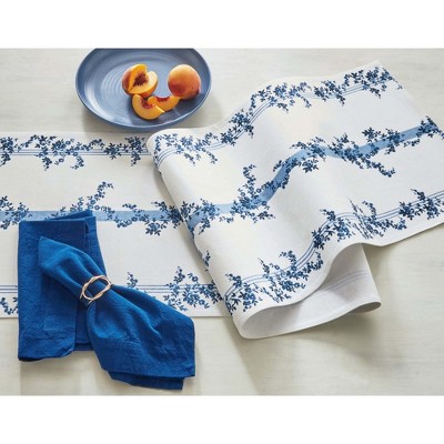 TAG Cottage Runner Blue Stripe Floral Print on White Background Cotton Machine Washable Table Runner Décor Decoration, 72" x 14.5"-in.