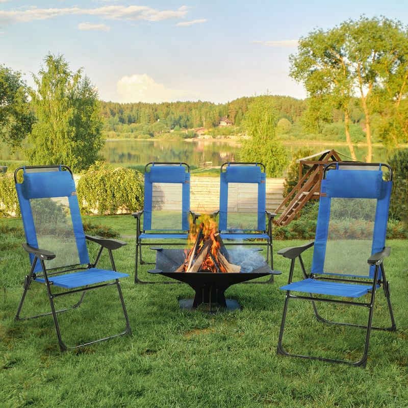 Outsunny Set of 4 Folding Patio Chairs, Camping Chairs with Adjustable Sling Back, Removable Headrest, Armrest for Garden, Backyard, Lawn, Blue, 3 of 7