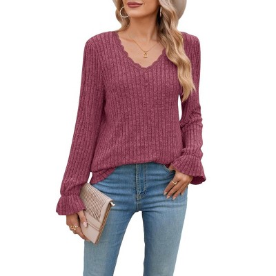 V Neck Long Sleeve Shirts for Women Casual Fall Tops Lightweight Tunic Sweaters Fashion Clothes 2025