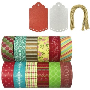 Wrapables Set of 12 Washi Tapes Decorative Masking Tapes + 20 Shimmer Tags - 1 of 4