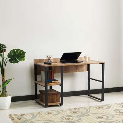 Vynxaria Rasse Black Metal Frame 58" Oak Wooden Top Desk 2 Shelves for Home Office Writing Computer Work