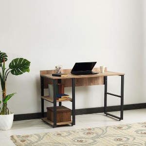 Vynxaria Rasse Black Metal Frame 58" Oak Wooden Top Desk 2 Shelves for Home Office Writing Computer Work - 1 of 4