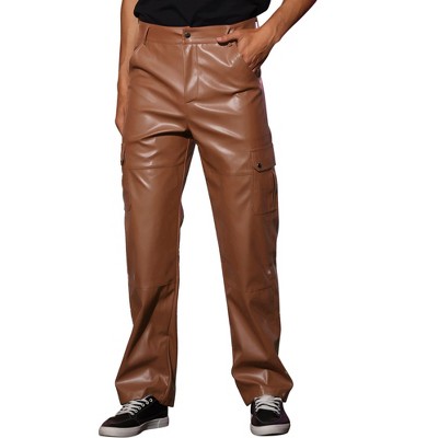 Lars Amadeus Men's Hip Hop Motorcycle Cargo Punk Faux Leather Pants Brown  32 : Target