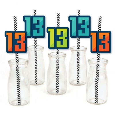 Big Dot of Happiness Boy 13th Birthday - Paper Straw Decor - Official Teenager Birthday Party Striped Decorative Straws - Set of 24