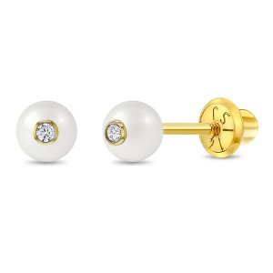 Girls' Simulated Pearl With Cubic Zirconia Screw Back 14k Gold Earrings - In Season Jewelry - 1 of 4