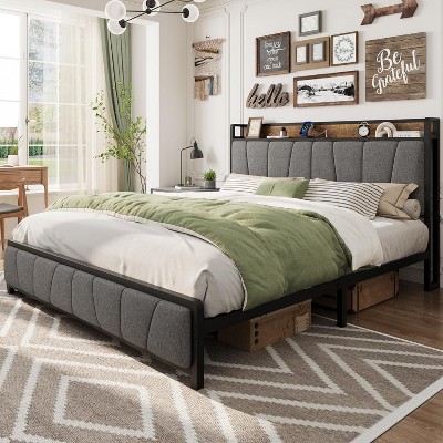 Garvee Upholstered Bed Frame with 2 Storage Drawers, Power Outlet, Queen Bed Platform with Storage Headboard, Noise Free, No Box Spring Needed