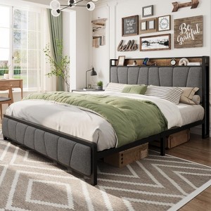 Garvee Upholstered Bed Frame with 2 Storage Drawers, Power Outlet, Queen Bed Platform with Storage Headboard, Noise Free, No Box Spring Needed - 1 of 4
