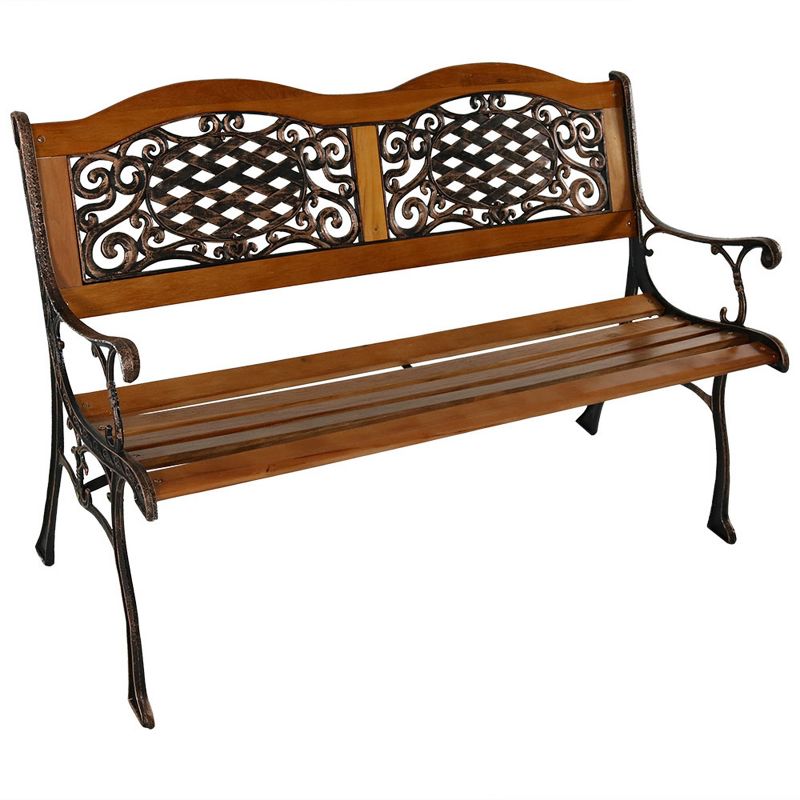 Sunnydaze 2-Person Ivy Crossweave Design Cast Iron and Wood Frame Outdoor Garden Bench, 1 of 8