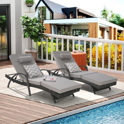 Outdoor Patio Chaise Lounges, Patio Adjustable Recliner up to 150° with Removable Cushions, Armrest Wicker Long Reclining Chaise-Coolbibila
