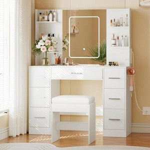 Vanity Desk with Mirror, Led Lights and Power Outlet, Makeup Vanity Table with Chair, 3 Color Light & Brightness Adjustable - 1 of 4