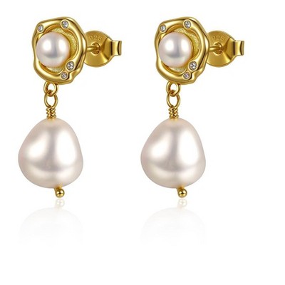 Molenia Pearl Earrings for Women, 14K Gold Plated 925 Sterling Silver Freshwater Pearl Dangle Drop Earrings Studs Jewelry