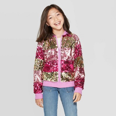 Girls' Long Sleeve Striped Sequin Bomber Jacket - Cat & Jack™ L