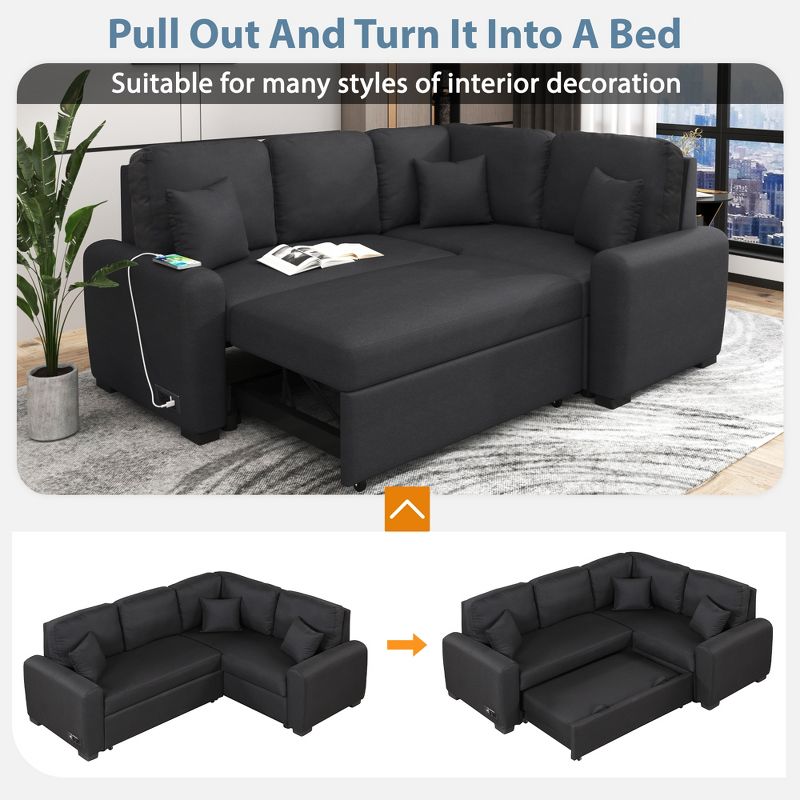 87.4" L Shaped Sectional Sofa Bed with USB Charging Ports and Plugs, Pull-Out Sofa Bed with 3 Pillows - ModernLuxe, 4 of 14