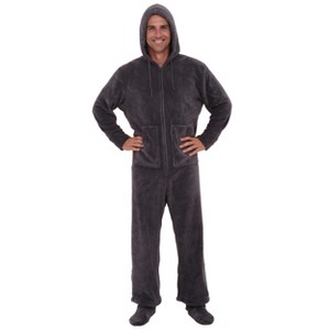 ADR Men's Plush Fleece One Piece Hooded Footed Zipper Pajamas Set, Soft Adult Jumpsuit PJs with Hood - 1 of 4