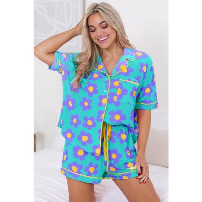 Pink Flower Print Short Sleeve Shirt Pajamas Set