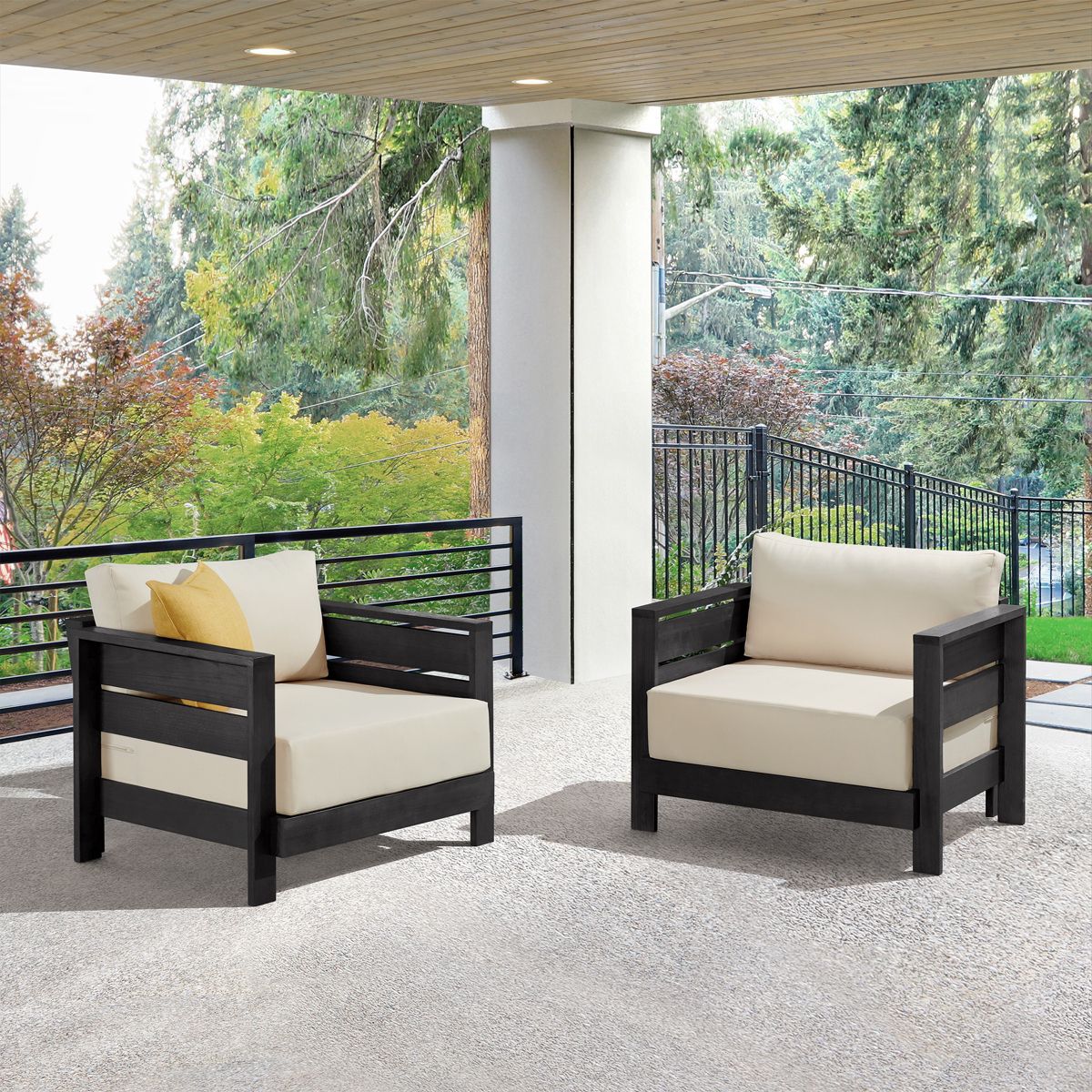 Alaterre Furniture Barton Outdoor Patio Chairs Set of 2 - Weather-Resistant Eucalyptus Wood Armchairs with Thick Cushions - (Black) - thumbnail 6
