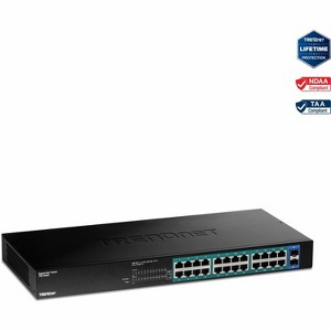 TRENDnet 26-Port Gigabit PoE+ Switch - 24 x 30W PoE+ Ports, 2 SFP Slots, Model TPE-TG262 - 1 of 3