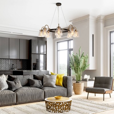Modern Black and Gold 8-Light Crackled Glass Chandelier